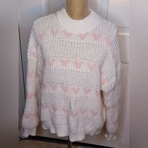 Cute Major Label Group Hearts Knit Sweater in White and Pink Size L